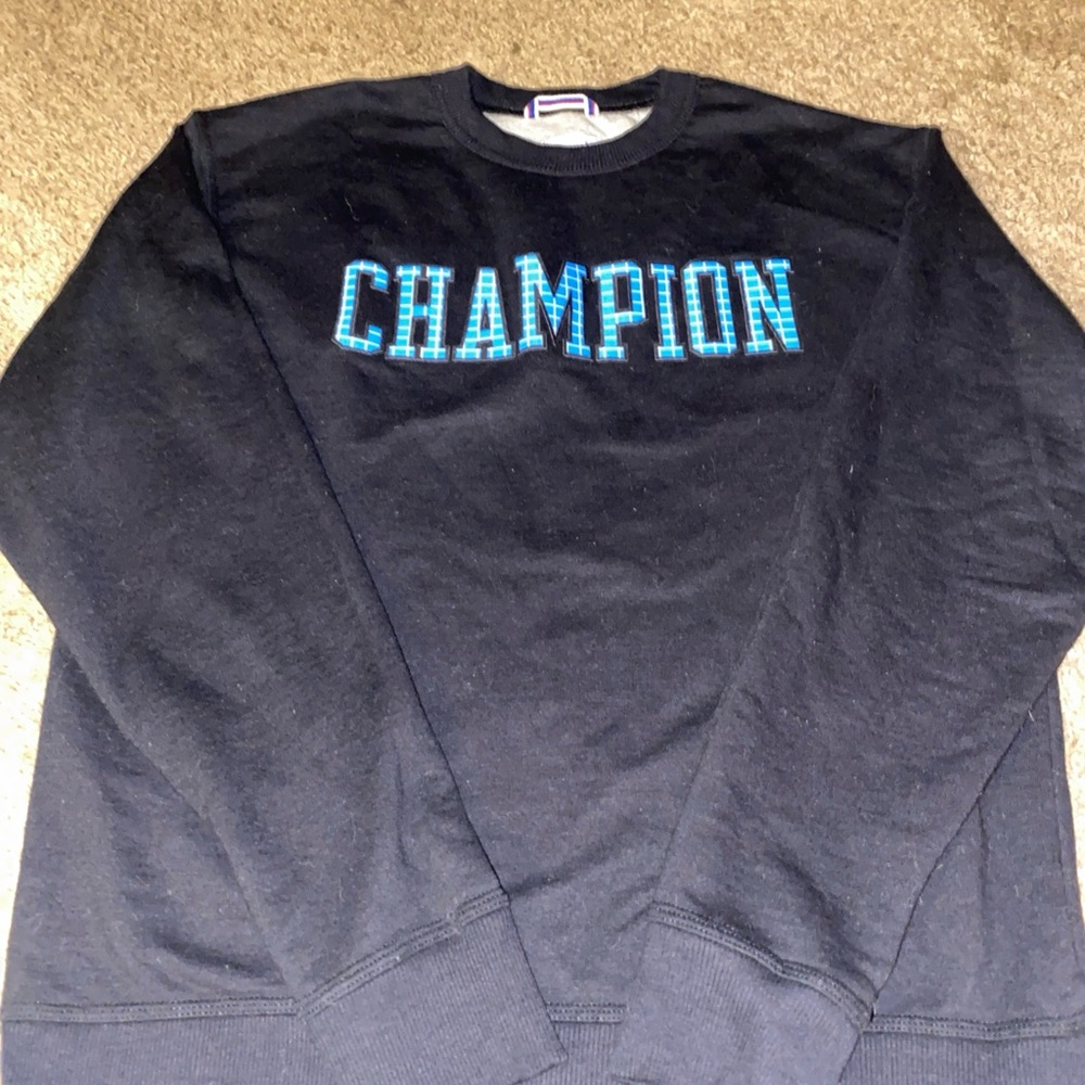 Champion Men's Black Crewneck Sweater with Blue Logo